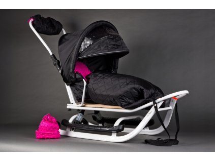 Dětské sáňky odpružené s fusakem MINKY stříškou a čepicí Bílo-růžové