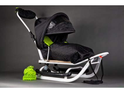 Dětské sáňky odpružené s fusakem MINKY stříškou a čepicí Bílo-zelené