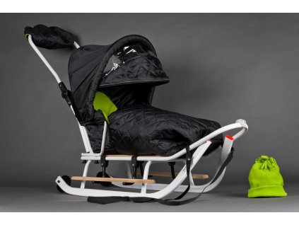 Dětské sáňky s fusakem MINKY stříškou a čepicí Bílo-zelené