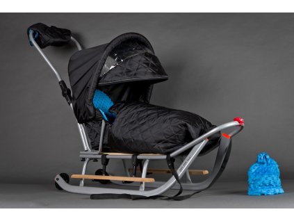 Dětské sáňky s fusakem MINKY stříškou a čepicí Šedo-modré