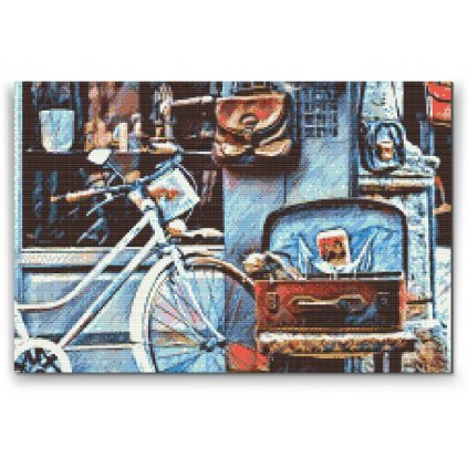 Gyémántszemes festmény – Bicikli és egy emlékekkel teli bőrönd