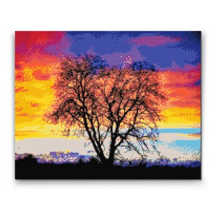 Gyémántszemes festmény – Fa színpompás naplementével a háttérben
