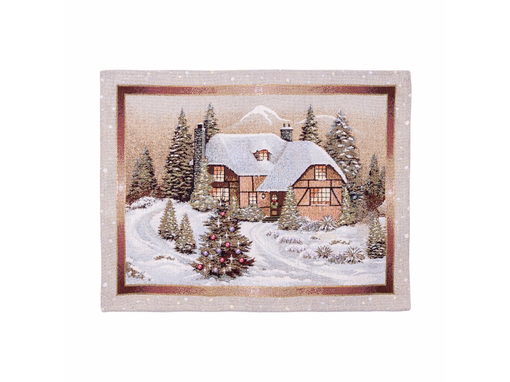 Gobelínové prostírání chenille Vánoční- Zasněžený domeček (Velikost 35*45 cm)