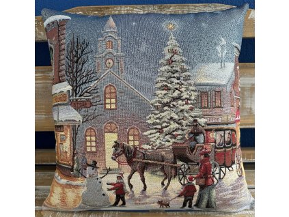 Gobelínový povlak na polštář - zasněžený kostel s kočárem 42*42 cm