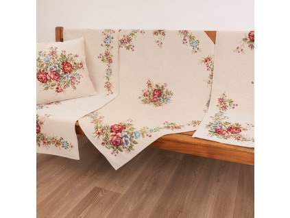 Gobelínový ubrus s motivem velkých a malých květů s listy na béžovém podkladu, pro dekoraci Vašeho stolu.
