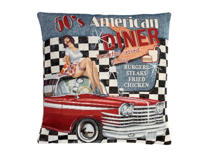 Gobelínový povlak na polštář - retro červené auto s dámou (Velikost 42*42 cm)