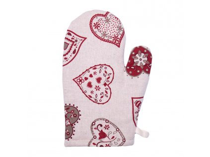 kuchyňská rukavice s motivem červeno hnědých srdcí