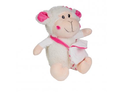 Bílá plyšová ovečka s růžovými detaily a taškou pro hračky