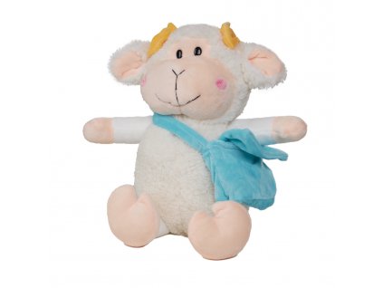 Bílá plyšová ovečka s modrými detaily a taškou pro hračky