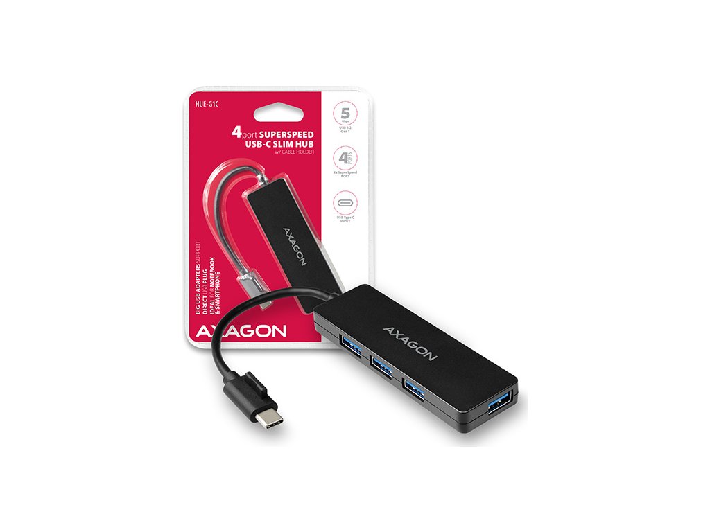 AXAGON HUE-G1C, 4x USB 3.2 Gen 1 SLIM hub, kabel Type-C 14cm napevno