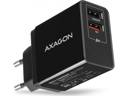 AXAGON ACU-QS24, QC & SMART nabíjačka do siete 24W, 2x port USB-A, QC3.0/AFC/FCP + 5V/1,2A