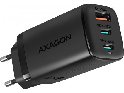 AXAGON ACU-DPQ65, GaN nabíječka do sítě 65W, 3x port (USB-A + dual USB-C), PD3.0/QC4+/PPS/Apple, černá