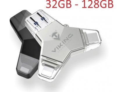 Viking USB Flash disk 3.0 4v1 s koncovkou Lightning/Micro USB/USB/USB-C, 128 GB, černá