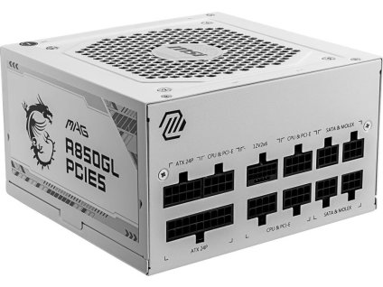 MSI zdroj MAG A850GL PCIE5 WHITE/ 850W/ ATX3.1/ akt. PFC/ 7 let celk. záruka/ 120mm fan/ modulární kabeláž/ 80PLUS Gold