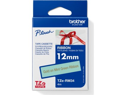 BROTHER TZE-RM34 - kazeta TZ šířky 12mm, TEXTILNÍ páska 4m- pro tvorbu dárků - NELEPÍCÍ - MÁTOVÁ PÁSKA ZLATÝ POTISK gold