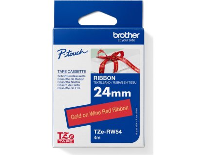 BROTHER TZE-RW54 - kazeta TZ šířky 24mm, TEXTILNÍ páska 4m- pro tvorbu dárků - NELEPÍCÍ -ČERVENÁ PÁSKA ZLATÝ POTISK gold