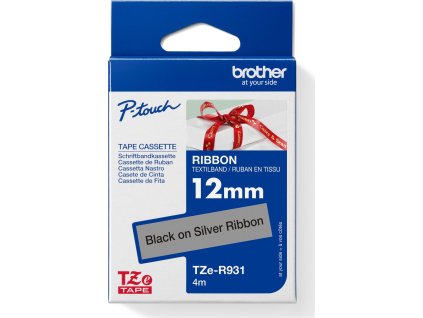 BROTHER TZE-R931 - kazeta TZ šířky 12mm, TEXTILNÍ páska 4m- pro tvorbu dárků - NELEPÍCÍ - STŘÍBRNÁ PÁSKA, ČERNÝ POTISK