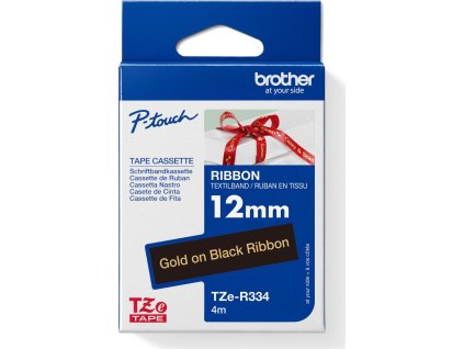 BROTHER TZE-R334 - kazeta TZ šířky 12mm, TEXTILNÍ páska 4m- pro tvorbu dárků - NELEPÍCÍ - ČERNÁ PÁSKA, ZLATÝ POTISK gold