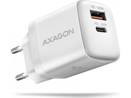 AXAGON ACU-PQ30W, Sil nabíječka do sítě 30W, 2x port (USB-A + USB-C), PD3.0/PPS/QC4+/SFC/AFC/Apple, bílá
