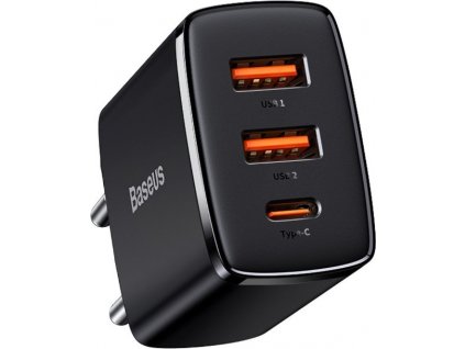 Baseus kompaktní rychlonabíjecí adaptér 2x USB-A, 1x Type-C 30W černá