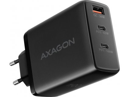 AXAGON ACU-DPQ100, GaN nabíječka do sítě 100W, 3x port (USB-A + dual USB-C), PD3.0/PPS/QC4+/Apple, černá
