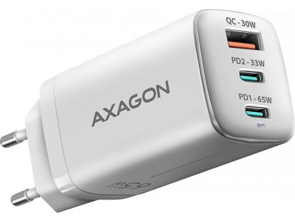 AXAGON ACU-DPQ65W, GaN nabíječka do sítě 65W, 3x port (USB-A + dual USB-C), PD3.0/QC4+/PPS/Apple, bílá