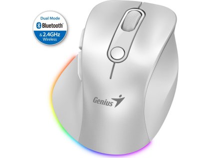 GENIUS Ergo 9000S Pro Pearl White/ duální Bluetooth + 2,4GHz/ 2400 dpi/ bezdrátová/ 6tlačítková/ dobíjecí/ RGB/ bílá