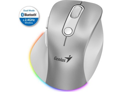 GENIUS Ergo 9000S Pro Silver/ duální Bluetooth + 2,4GHz/ 2400 dpi/ bezdrátová/ 6tlačítková/ dobíjecí/ RGB/ stříbrná