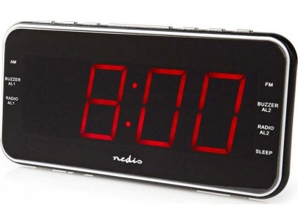NEDIS digitální budík s rádiem/ LED displej/ 3,5 mm jack/ AM/ FM/ odložené buzení/ časovač vypnutí/ 2 alarmy/ černý