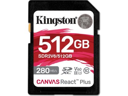 Kingston SDXC karta 512GB Canvas React Plus, UHS-II, U3, V60, R:280/W:150MB/s