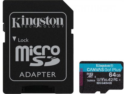 Kingston MicroSDXC karta 64GB Canvas Go! Plus, R:200/W:160MB/s, Class 10, UHS-I, U3, V30, A2 + Adaptér