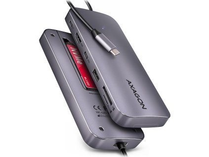AXAGON HMC-6GM2, USB 10Gbps hub, USB-A, USB-C, HDMI, M.2 slot, SD/MicroSD, PD 100W, kabel USB-C 20cm
