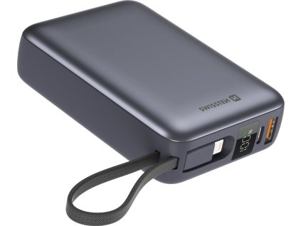 Swissten Power bank 20000 mAh s integrovanými kabely - USB-C, A, Lightning / šedá