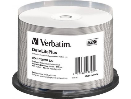 VERBATIM CD-R(50-pack) spindl, AZO 52X,700MB,WHITE WIDE PRINTABLE SURFACE NON-ID