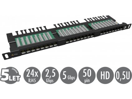 19" patch panel Solarix 24xRJ45 CAT5E UTP s vyvazovací lištou černý 0,5U SX24HD-5E-UTP-BK