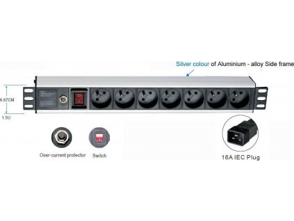 19" rozvodný panel 1U,7x 220V,koncovka IEC C19,16A