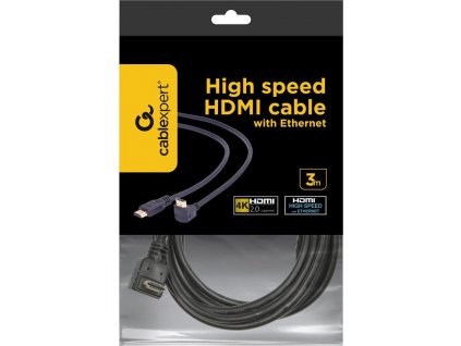 GEMBIRD Kabel HDMI - HDMI 3m, 90° konektor (v1.4, M/M, zlacené kontakty, úhlový, stíněný)