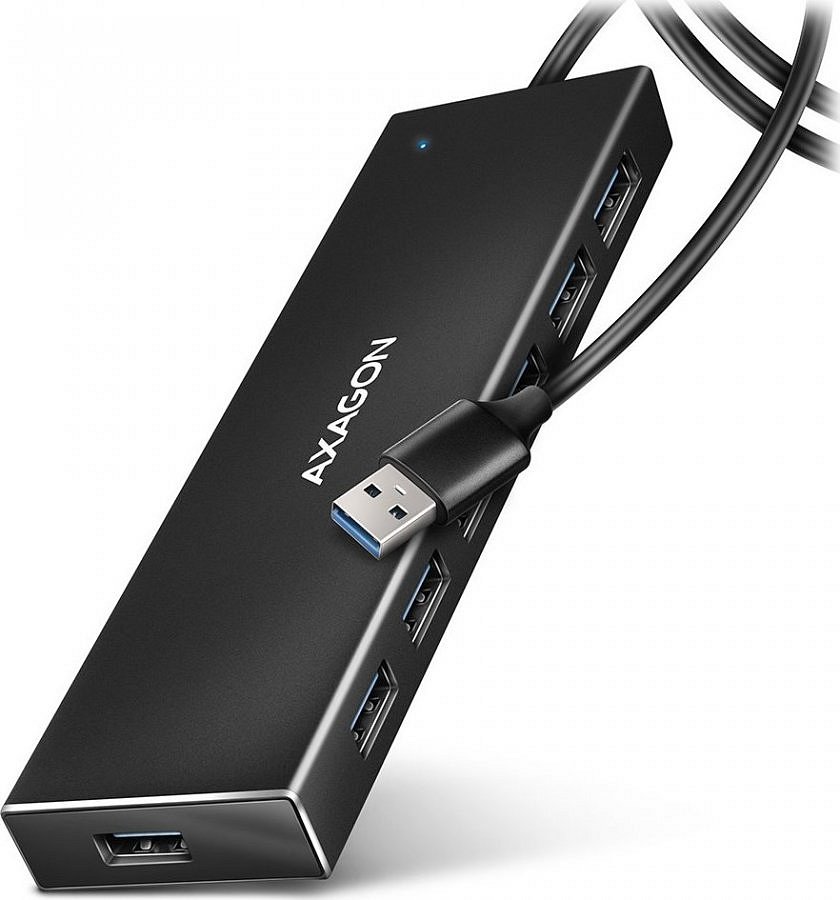 AXAGON HUE-F7A, 7x USB 3.2 Gen 1 ALU FLAT CHARGING hub, micro USB napájecí konektor, kabel USB-A 1m