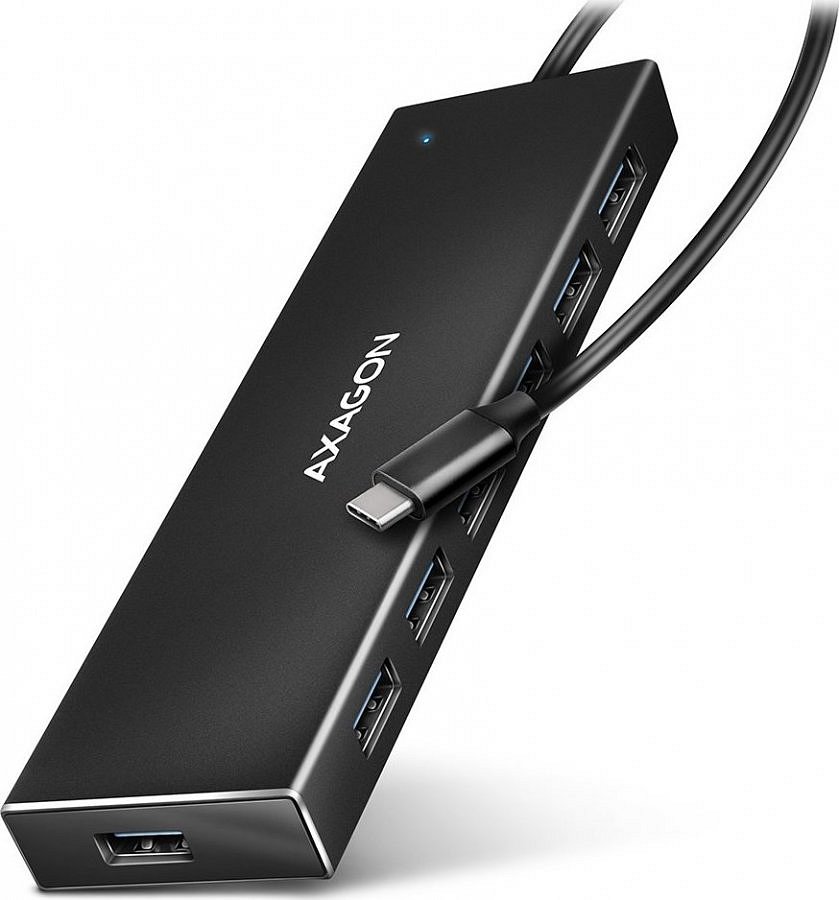 AXAGON HUE-F7C, 7x USB 3.2 Gen 1 ALU FLAT CHARGING hub, micro USB napájecí konektor, kabel USB-C 30cm