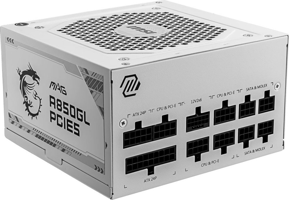MSI zdroj MAG A850GL PCIE5 WHITE/ 850W/ ATX3.1/ akt. PFC/ 7 let celk. záruka/ 120mm fan/ modulární kabeláž/ 80PLUS Gold