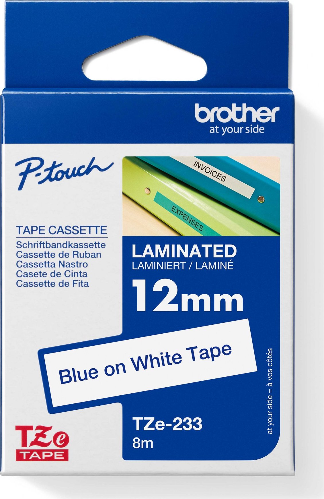 BROTHER TZE233 - kazeta TZ šířky 12mm, laminovaná TZE-233, bílá/modré písmo