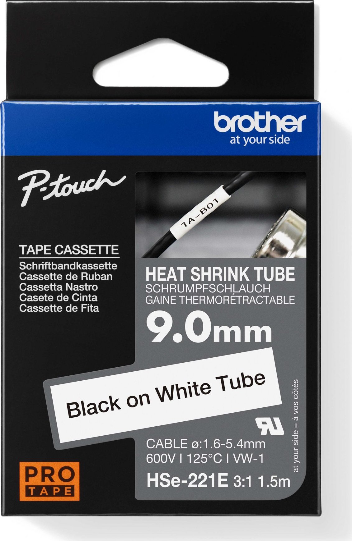 BROTHER smršťovací bužírka - HSE-221E bílá pro E300VP H300 H500 E550 P700 P750 D800 P900 P950 - 9,0 mm/ 1,6-5,4 / 3:1