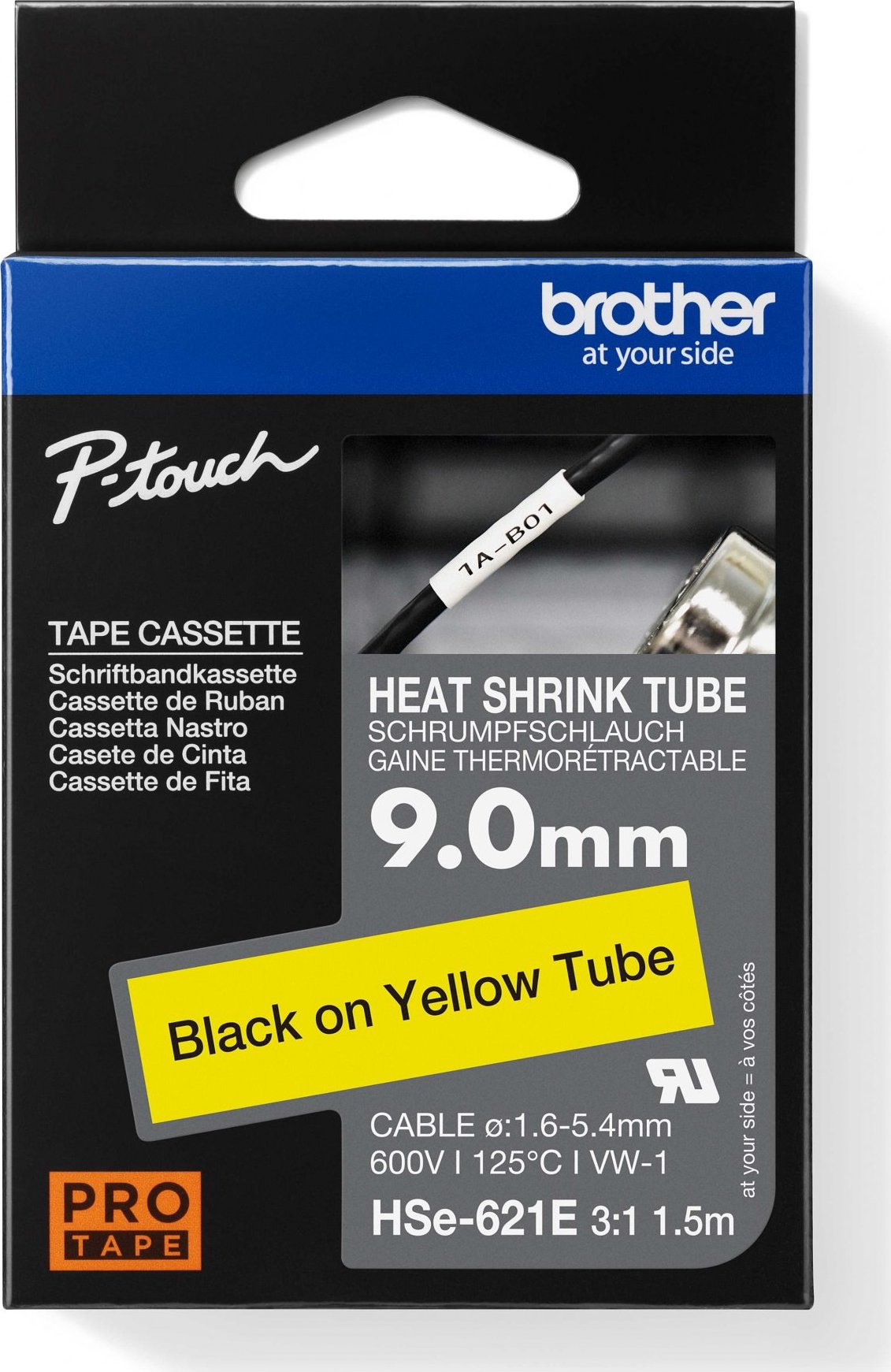 BROTHER smršťovací bužírka - HSE-621E žlutá pro E300VP H300 H500 E550 P700 P750 D800 P900 P950 - 9,0mm / 1,6-5,4 / 3:1