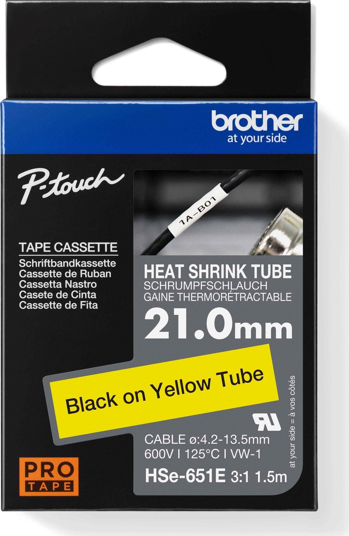 HSE-651E - černý tisk na žluté, šířka 21,0 mm