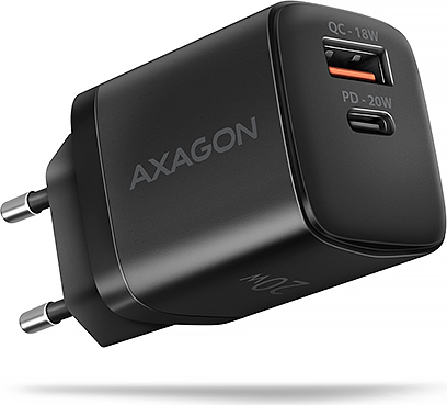 AXAGON ACU-PQ20, nabíječka do sítě 20W, 2x port (USB-A + USB-C), PD3.0/PPS/QC4+/AFC/Apple, černá