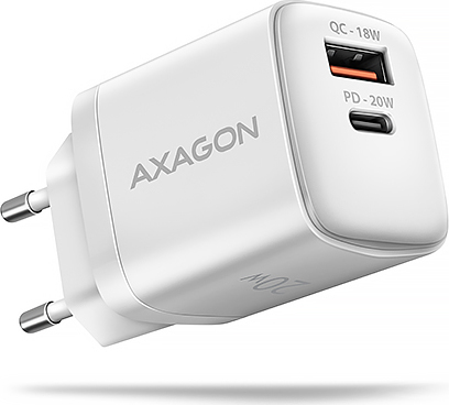 AXAGON ACU-PQ20W, nabíječka do sítě 20W, 2x port (USB-A + USB-C), PD3.0/PPS/QC4+/AFC/Apple, bílá