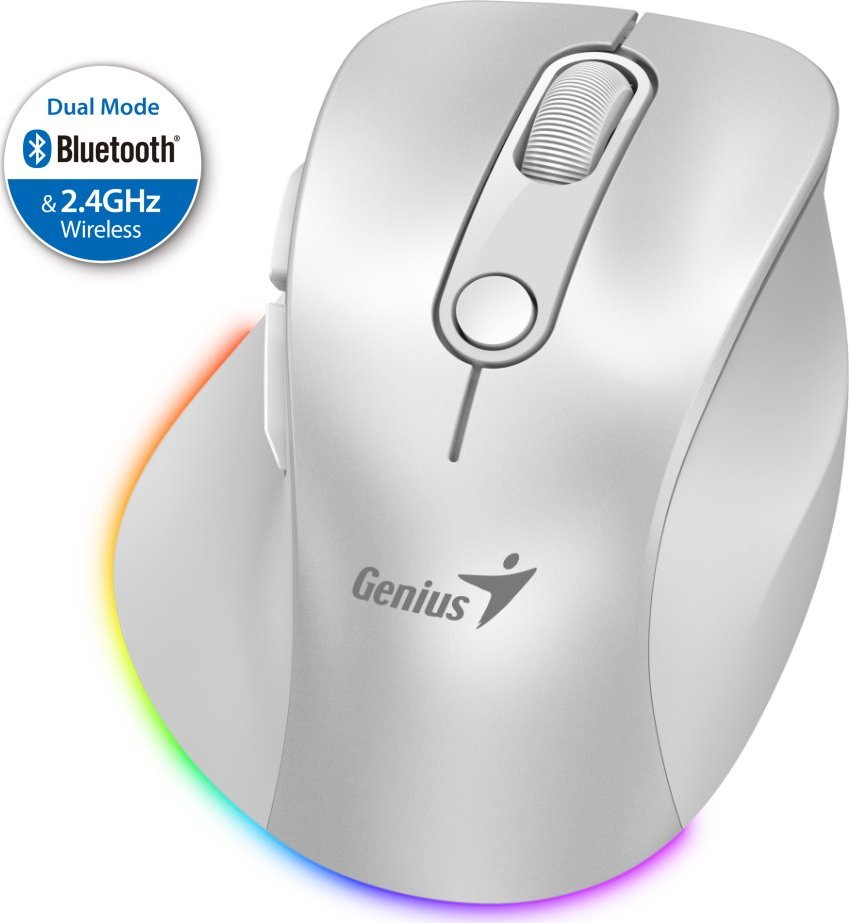 GENIUS Ergo 9000S Pro Pearl White/ duální Bluetooth + 2,4GHz/ 2400 dpi/ bezdrátová/ 6tlačítková/ dobíjecí/ RGB/ bílá