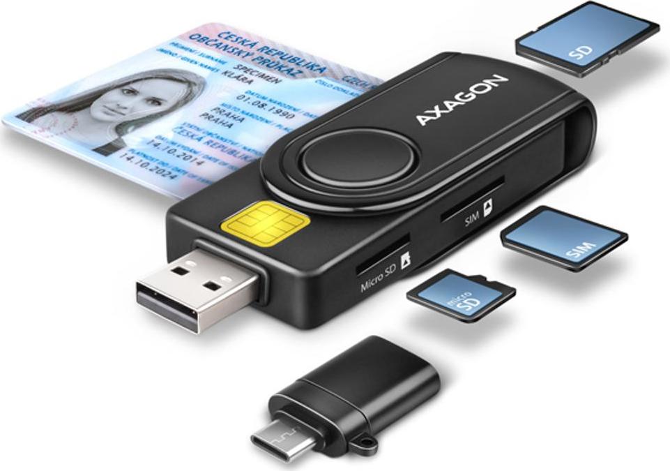 AXAGON CRE-SMP2A, USB-A PocketReader 4-slot čtečka Smart card (eObčanka) + SD/microSD/SIM