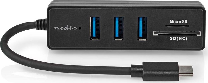 NEDIS USB hub/ zástrčka USB-C zástrčka/ 3x zásuvka USB-A/ 5 Portů/ USB 3.2 Gen 1/ 5 Gbps/ SD & MicroSD/ černý/ blistr