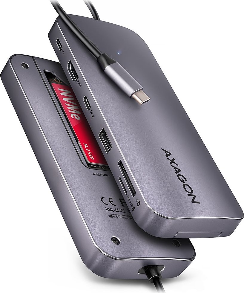 AXAGON HMC-6GM2, USB 10Gbps hub, USB-A, USB-C, HDMI, M.2 slot, SD/MicroSD, PD 100W, kabel USB-C 20cm